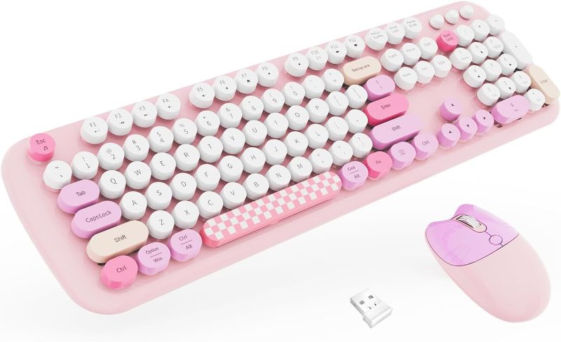 Photo 1 of Wireless Keyboard,COOFUN Cute Colorful 104 Keys Typewriter Retro Round Keycaps Keyboard for PC Laptop,Windows,Desktop, Home and Office Keyboards (Pink)