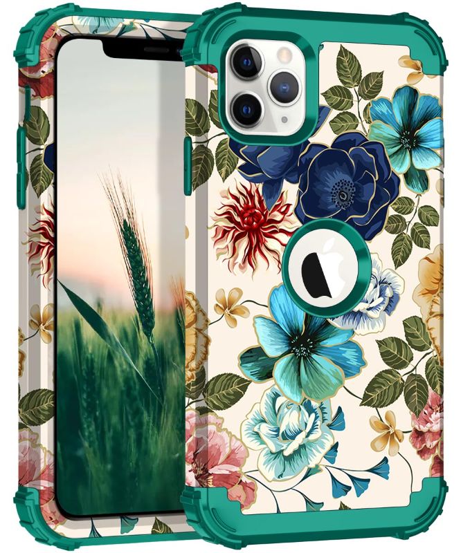 Photo 1 of Hocase for iPhone 11 Pro Max Case, Heavy Duty Shockproof Protection Soft Silicone Rubber Bumper+Hard Plastic Hybrid Protective Case for iPhone 11 Pro Max (6.5" Display) 2019 - Teal Flowers