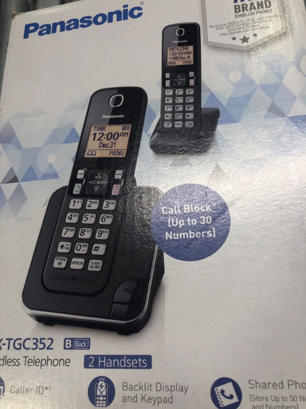 Photo 1 of Panasonic Expandable Cordless Phone System with Amber Backlit Display – 2 Handsets – KX-TGC352B (Black)