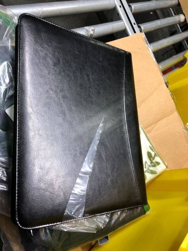 Photo 2 of Vegan Leather Portfolio with A4 Notepad Holder 13.3” Laptop Pocket, Zippered Leather Padfolio Organizer, Black Black Regular