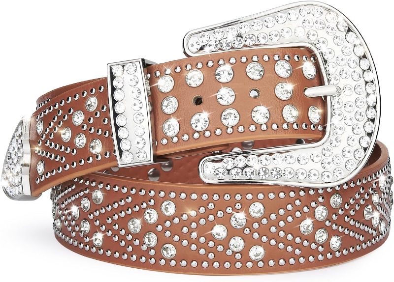 Photo 1 of LCG LUCHENGYI Women Rhinestone Belt, Bling y2k Western Cowgirl Men Cowboy Leather Studded Belts for Jeans Pants