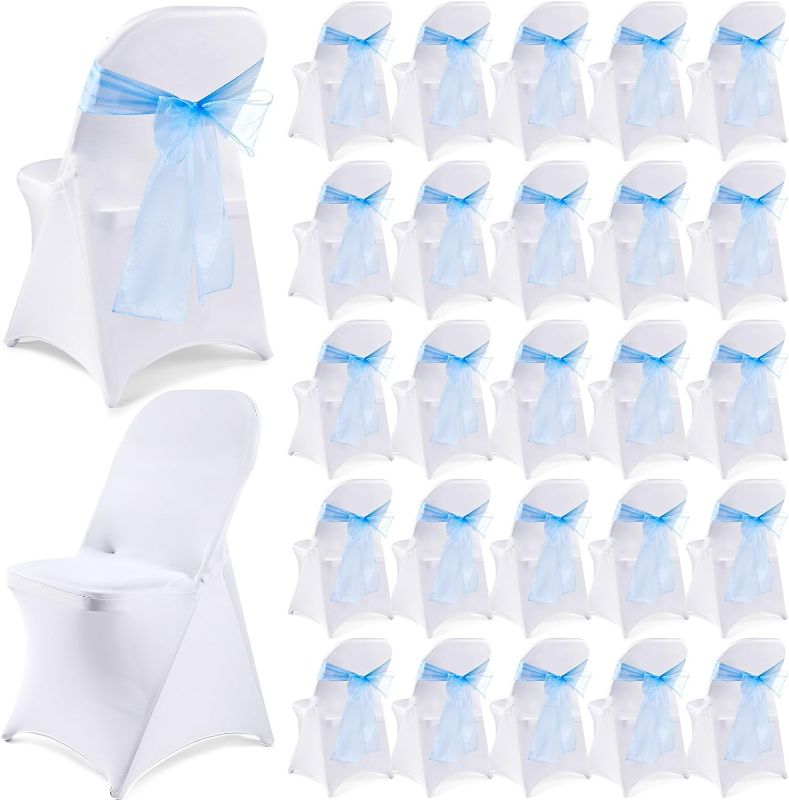 Photo 1 of 25 Sets Stretch Spandex Foldingll Chair Covers and Organza Chair Bow Sashes Washable Fitted Chair Slipcovers Chairs Protector with Bows Sashes for Wedding Events Banquets Decoration (Blue)