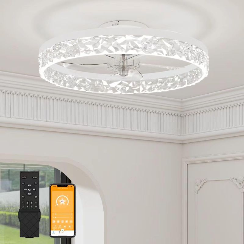 Photo 1 of  VOLISUN Modern Ceiling Fans with Lights and Remote, 19.7in Low Profile Ceiling Fan Flush Mount, 3000K-6500K Dimmable Bladeless LED Fan Light, White Fandelier Ceiling Fans with Lights for Bedroom