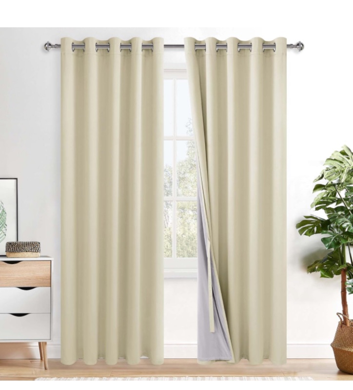 Photo 1 of 100% Blackout Curtains - Heat and Full Light Blocking Drapes with Black Liner for Bedroom/Laundry Room, Grommet Top Window Panels with Tiebacks, Light Beige, W60 x L84, Set of 2