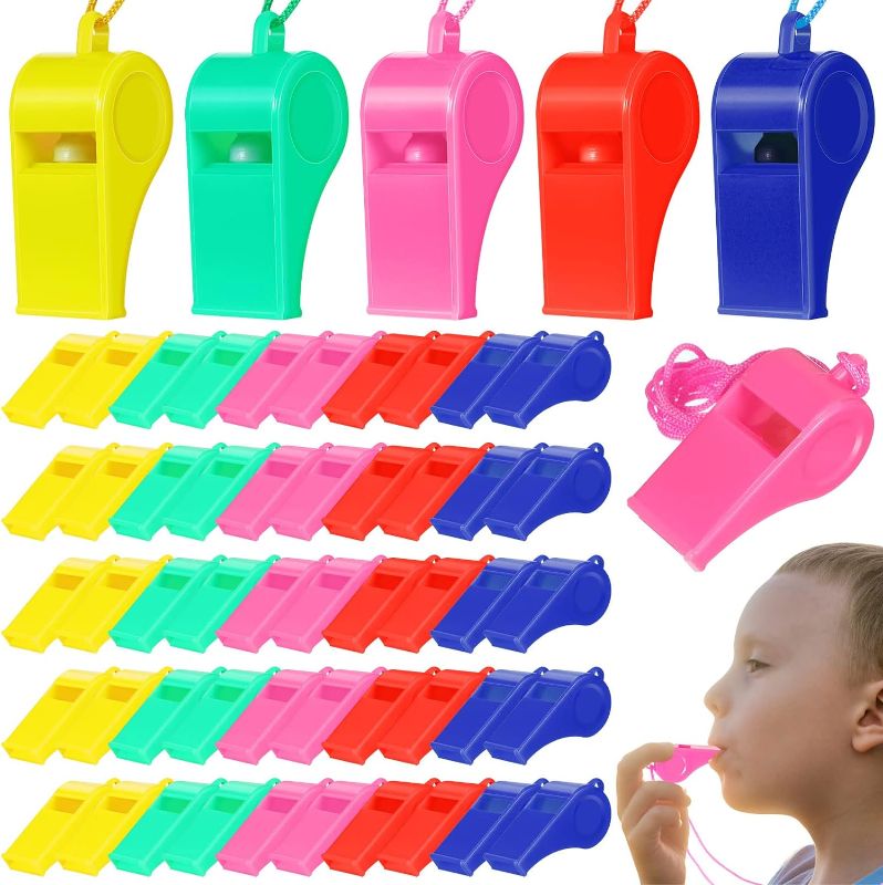 Photo 1 of 150 Pcs Plastic Whistles with Lanyards for Kids Birthday Party Favors Training Sport Supplies Games Whistles Goody Bag Fillers, 5 Colors