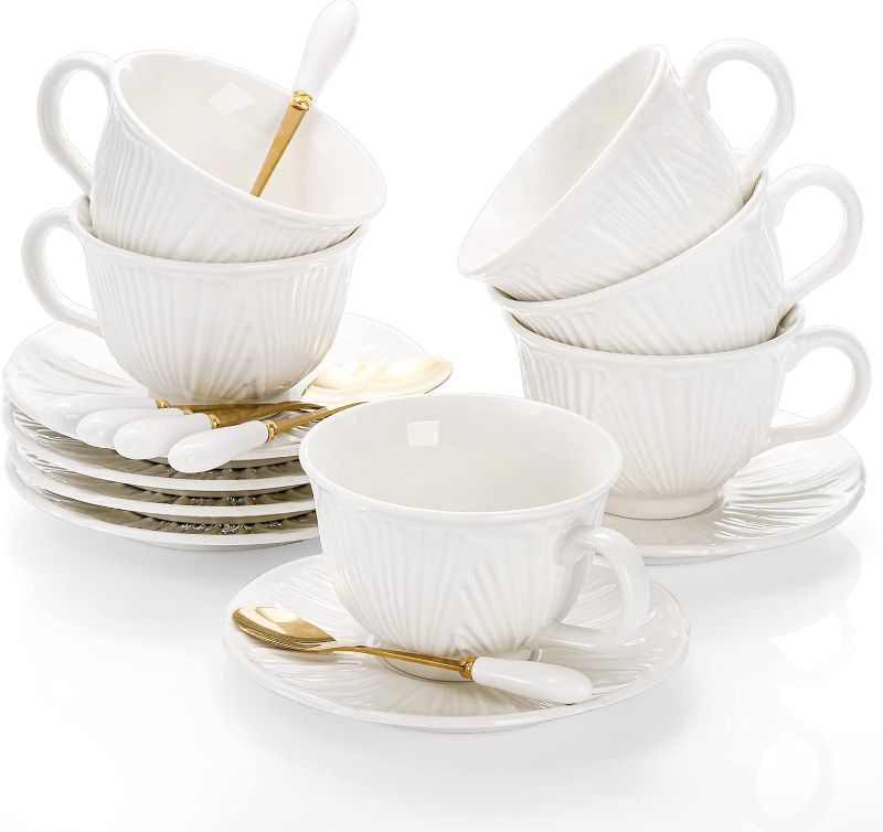 Photo 1 of *** MAJOR DAMAGED***
 Set of 6 Royal Tea Cups and Saucers, 8 Oz Large Cappuccino Cups Set with Spoon, White Porcelain Tea Cup Set British Coffee Cups for Latte, Cafe Mocha, Cappuccino, Tea Party