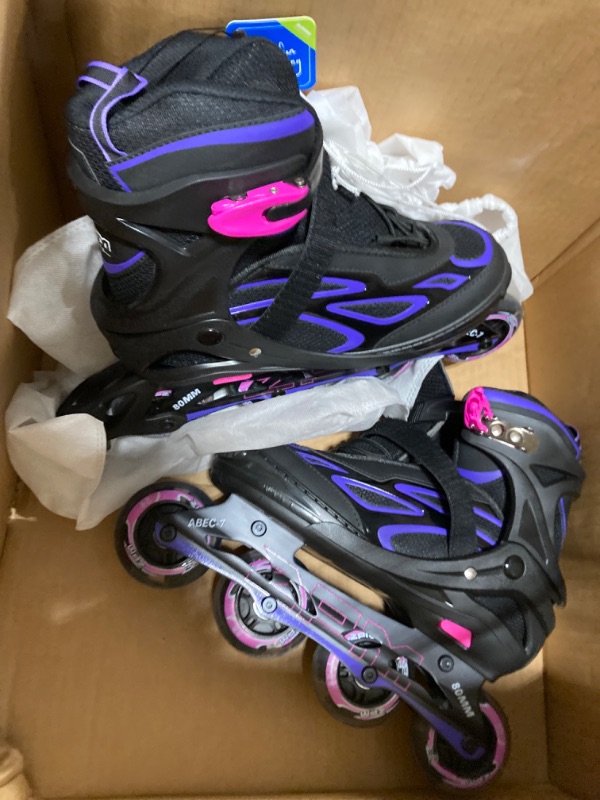 Photo 3 of 2PM SPORTS Vinal Girls Adjustable Flashing Inline Skates, All Wheels Light Up, Fun Illuminating Skates for Kids and Men- Azure Small (1Y-4Y US) Violet & Magenta X-Large - Adult (8W-12W/7M-11M) 42-44EU