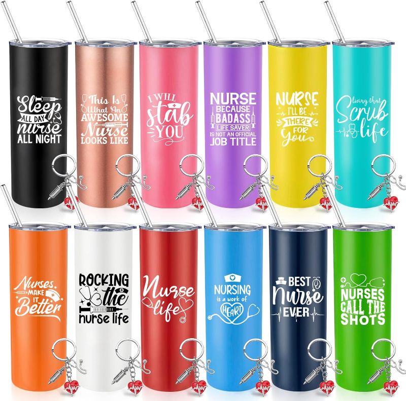 Photo 1 of 12 Sets Nurse Week Tumbler Gift Bulk Nurse Graduation Gifts Insulated Stainless Steel Tumbler with Lid and Straw Nurse Keychain for Women Nurse Nursing Student(Vintage, 20 oz)