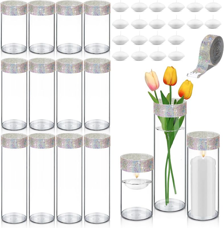 Photo 1 of 12 Pcs Glass Cylinder Vases Hurricane Candle Holder for Centerpieces 3 Sizes Tall Clear Vases with 20 Pcs Floating Candle 3 Yards Self Adhesive Rhinestone Ribbon for Wedding Home Dinner (AB Color)