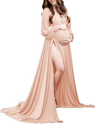 Photo 1 of Maternity Gown Bishop Sleeves Baby Shower Dress Wrap Side Slit Sweetheart Maxi Photo Shoot for Photography Medium