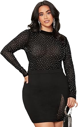 Photo 1 of SHENHE Women's Plus Size Mesh Mock Neck Long Sleeve Rhinestone T Shirt Tee Tops 4x-Large