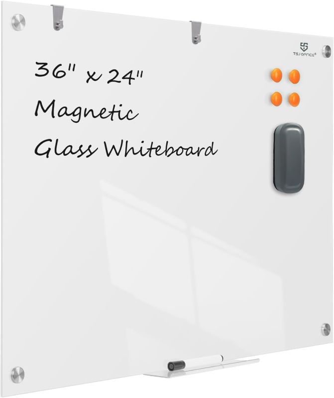 Photo 1 of TSJ OFFICE Glass Dry-Erase Board - 36 x 24 Inches Brilliance White Magnetic Glass Whiteboard, Wall Mounted Large Frameless White Board, Presentation Supplies by TSJ OFFICE for School, Home & Office