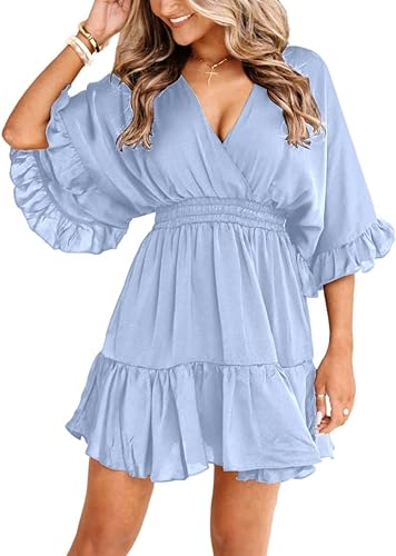 Photo 1 of Aoysky Womens V Neck Casual Dresses Summer Loose High Waist Ruffle Pleated Cute Mini Short Dress Large