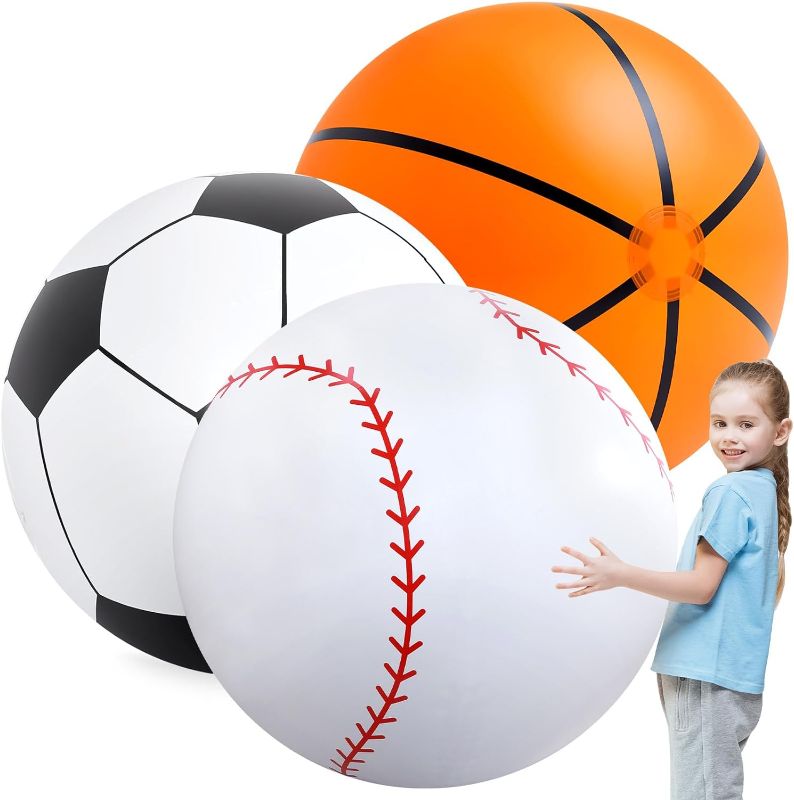 Photo 1 of Lewtemi 3 Pcs 27 Inch / 40 Inch Giant Inflatable Sports Balls Large Inflatable Beach Ball Inflatable Baseballs Soccer Ball Basketball for Sports Themed Birthday Party Favor(40 Inch)
