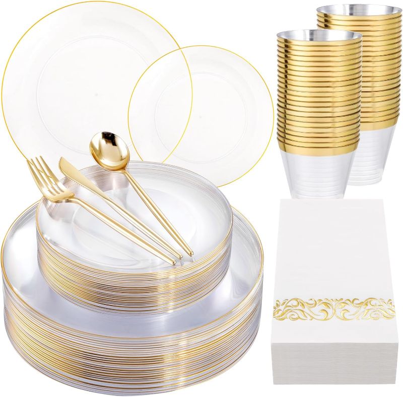 Photo 1 of 210Pcs Clear and Gold Plates for 30 Guests, Plastic Plates for Party, Includes:30 Gold Dinner Plates, 30 Gold Dessert Plates, 30 Paper Towels with 90 Silverware & 30 Cups MirthMood
