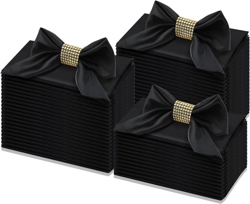 Photo 1 of 48 Pcs Satin Cloth Napkins Napkin Rings Set Square Table Napkin 17 x 17'' Napkins Cloth Washable for Wedding Bridal Shower Birthday Party Decor(Black, Gold)