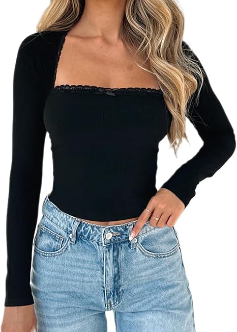 Photo 1 of ***Small*** COZYEASE Women's Ribbed Knit Long Sleeve Crop T Shirts Sweetheart Fitted Ruched Lace Trim Tees Black S-CEGHY20240306 -CEGHY20240521 -CENPM20240528 -CEGHY20240607 -CEGHY20240614