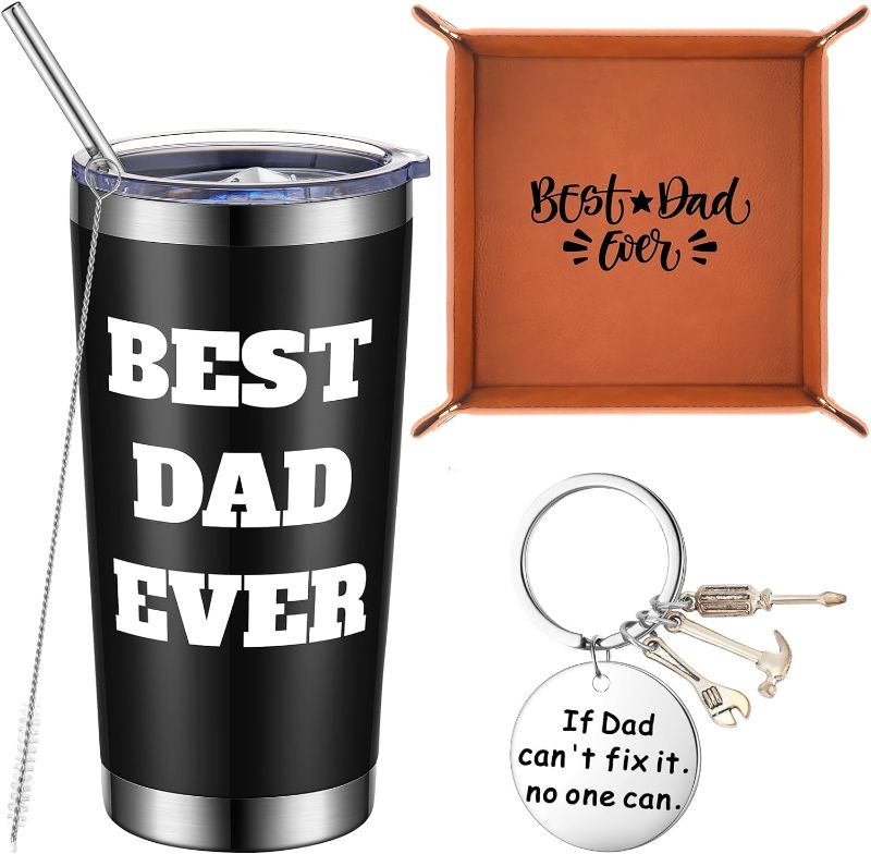 Photo 1 of 3 Pcs Dad Gifts Best Dad Ever Tumbler for Dad from Daughter Son 20 Oz Dad Tumbler Stainless Steel Insulated Mug PU Leather Tray and Dad Keychain for Dad Father Christmas Birthday Gifts
