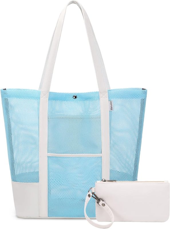 Photo 1 of Makukke Mesh Beach Tote Bag Women - Large Handbag Sandproof Bag with Small Purse Pool Bag - Essentials for Swimming Gym Toys
