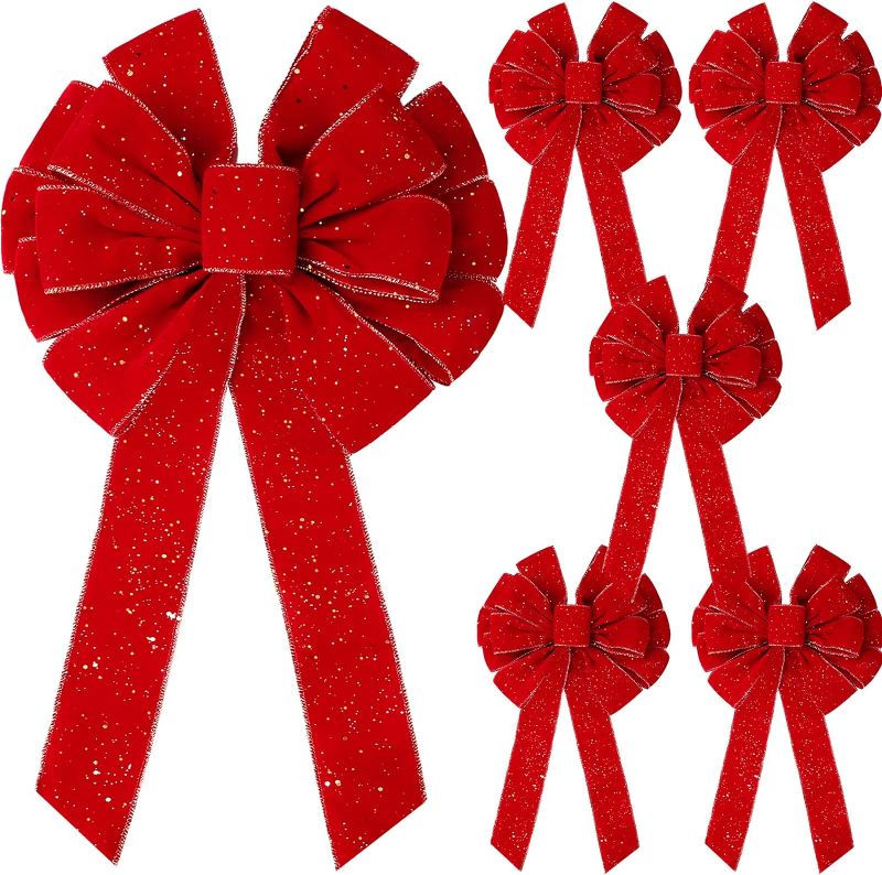 Photo 1 of 6 Pcs Extra Large Red Christmas Wreath Bows Outdoor Decorations 26 x 12 Inches, Giant Christmas Tree Topper Velvet Bow with Golden Edged for Xmas Holiday Outside Supplies
