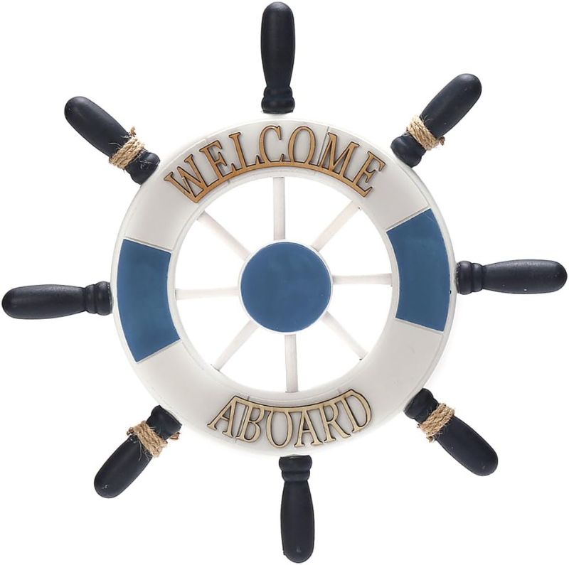 Photo 1 of 12.8" x 12.8" Nautical Wooden Captain Rudder Wall and Door Hanging Ornament Plaque,Welcome Aboard
