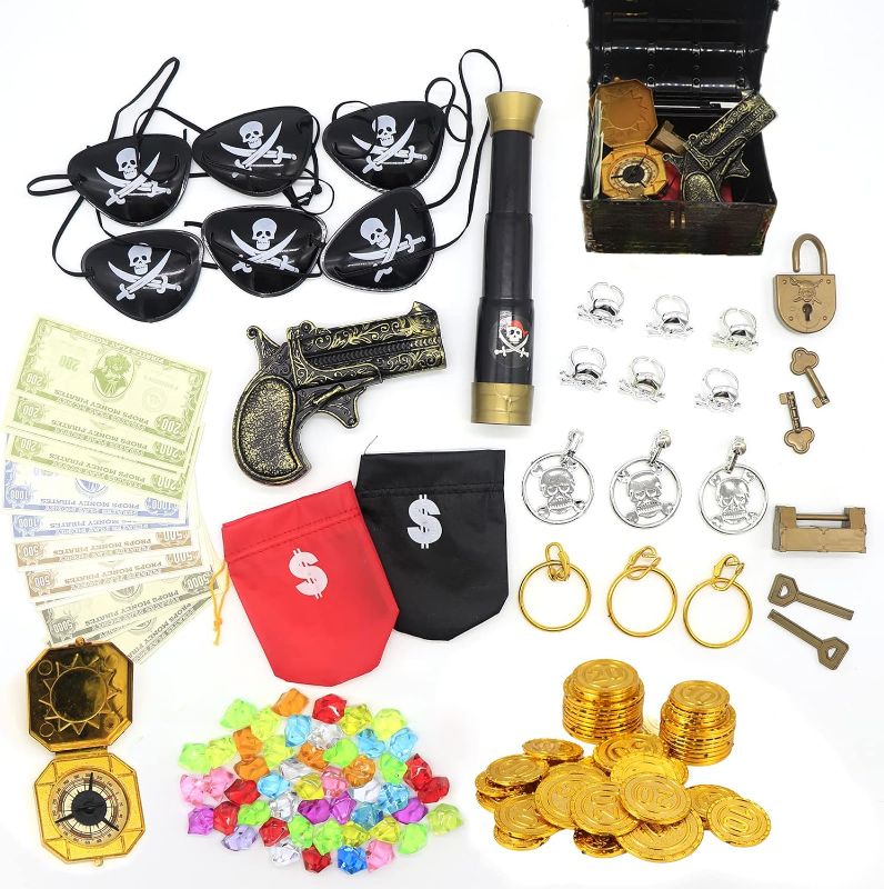 Photo 1 of 143 Pieces Kids Pirate Treasure Chest Toy Box with Lock Pirate Coins Gems Earrings Rings Eye Patch Compass Pistol Telescope Moneybag Play Paper Money, Pirate Role Play Treasure Hunting Game for Kids
