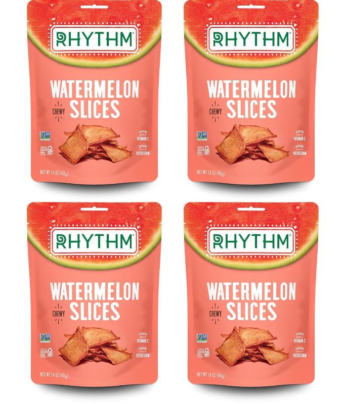 Photo 1 of Rhythm Superfoods Chewy Watermelon Slices, Non-GMO, 1.4 Oz (Pack of 4), Vegan/Gluten-Free Dehydrated Sweet Fruit Snacks BEST BY 10/30/2024

