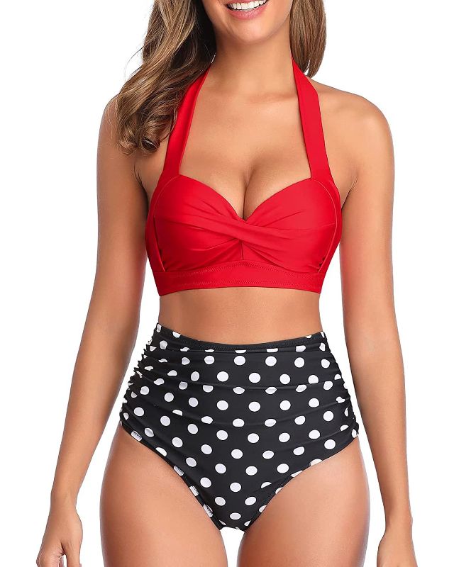 Photo 1 of Tempt Me Women Vintage Swimsuits Red Dot Retro Halter Ruched High Waist Bikini With Bottom SIZE 18W