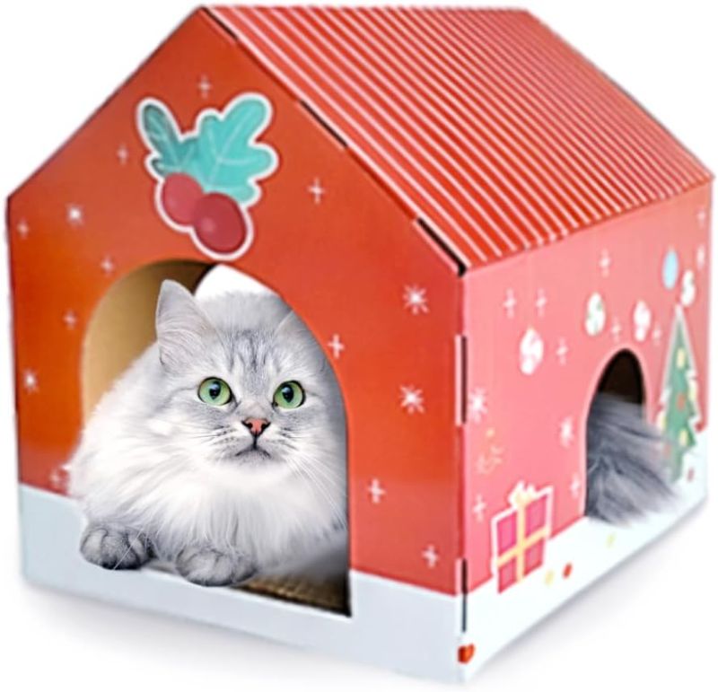 Photo 1 of LIOOPET Christmas Cardboard Cat House with Scratching Pad and Catnip,(15"x12"x15") Cat Play House for Indoor Cats, Christmas Decorations Scratching Pad for Kitty
