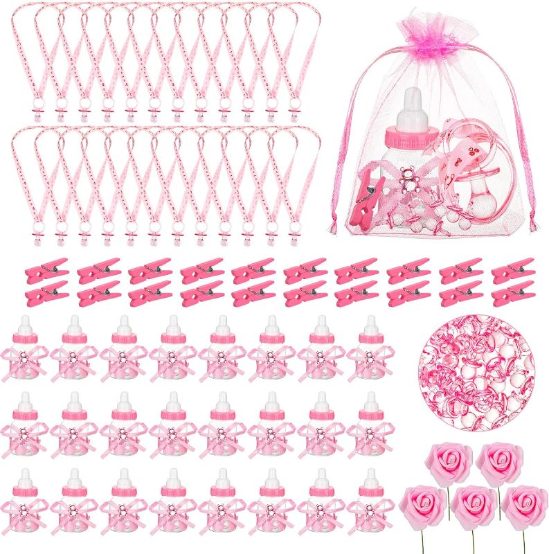 Photo 1 of Yaomiao 24 Set Pink Baby Shower Favors for Guests 24 Mini Candy Bottles 24 Pacifiers Necklaces 24 Mini Clothes Pins Mini Acrylic Pacifiers Artificial Flower Rose Mesh Bags for Baby Gender Reveal
