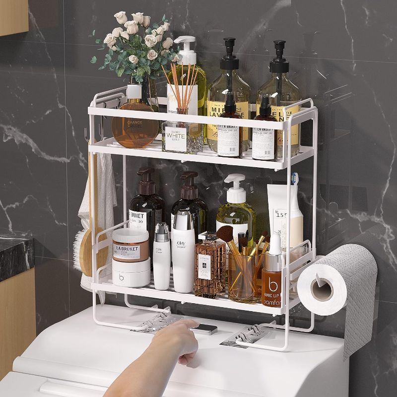 Photo 1 of Bathroom Over The Toilet Storage Shelf, 2-Tier Bathroom Organizer Over Toilet, Above Toilet Storage with Non-Trace Adhesive, Over Toilet Organizer, Gifts for Women, Mothers Day, White 5.6"D x 13.4"W x 13.8"H

