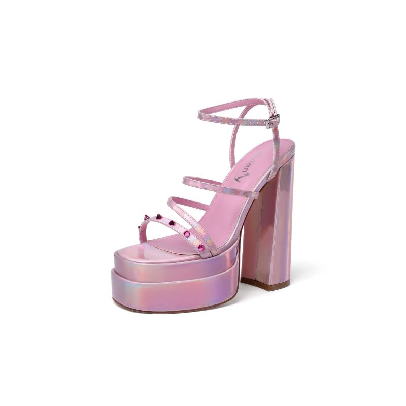 Photo 1 of vivianly Open Toe Platform Heels Spikes Ankle Strap Sandals Block High Heels for Women 8 Purple Pink-rhinestones