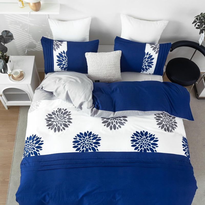 Photo 1 of ORTIGIA Blue Dahlia Tufed Duvet Cover Set Queen Size,Boho Embroidery Flower Bed Cover Set Soft Washed Microfiber 1 Duvet Cover (104"x90") with 2 Pillow Shams(20"x 36") 3 Pcs Farmhouse Comforter Cover