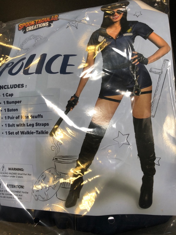 Photo 2 of Spooktacular Creations Women Blue Police Costume Set with Romper, Belt, Hat, Baton, Handcuffs, Walkie-Talkie for Adult Large
