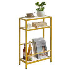 Photo 1 of IBUYKE Glass End Table for Small Space, Narrow Side Tables with Storage Shelf, Bedside Table Slim Nightstand with Magazine Holder, for Living Room Home Office, Clear Gold UTMZ002G Gold Glass