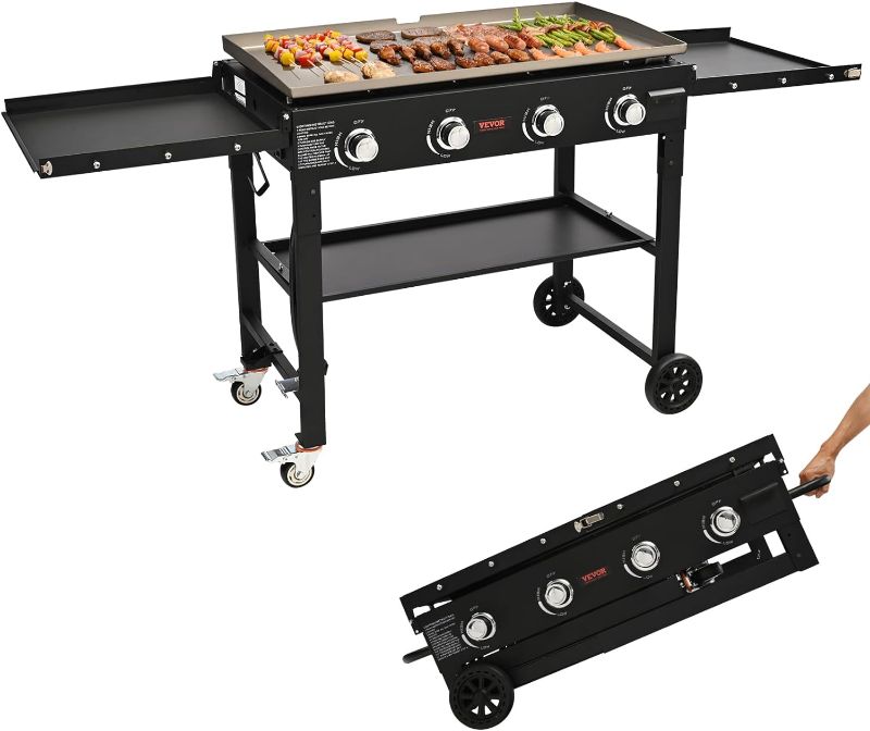 Photo 1 of Propane Griddle on Cart, 36" Heavy Duty Manual Flat Top Griddle, Outdoor Cooking Station with Side Shelves, Steel Natural Gas Griddle, 4-Burners Restaurant Portable Grill - 60,000 BTU
