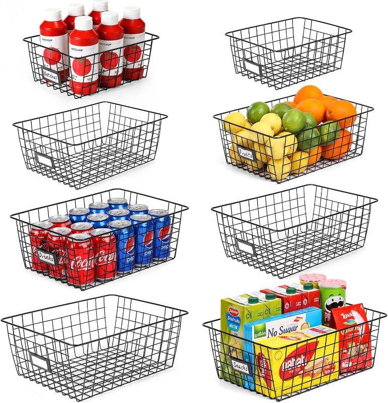 Photo 1 of 8 Set, Extra Large Wire Baskets for Organizing with Lables, Cabinet Pantry Organization and Storage Bins - Metal Basket for Kitchen, Laundry, Garage, Fridge, Bathroom Countertop Organizer, Black
