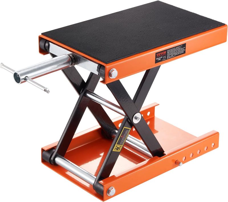 Photo 1 of VEVOR Motorcycle Lift, 1100 LBS Motorcycle Scissor Lift Jack with Wide Deck & Safety Pin, 3.7"-13.8" Center Hoist Crank Stand, Steel Scissor Jack for Street Bikes, Cruiser Bikes, Touring Motorcycles
