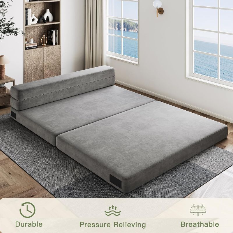 Photo 1 of Luoxiao Folding Mattress Queen with 2 Pillows, Portable Foldable Sofa Bed for Travel, Camping, Guest, Trifold Sleeper Chair with Breathable & Washable Cover, Convertible and Easy to Storage, LightGrey
