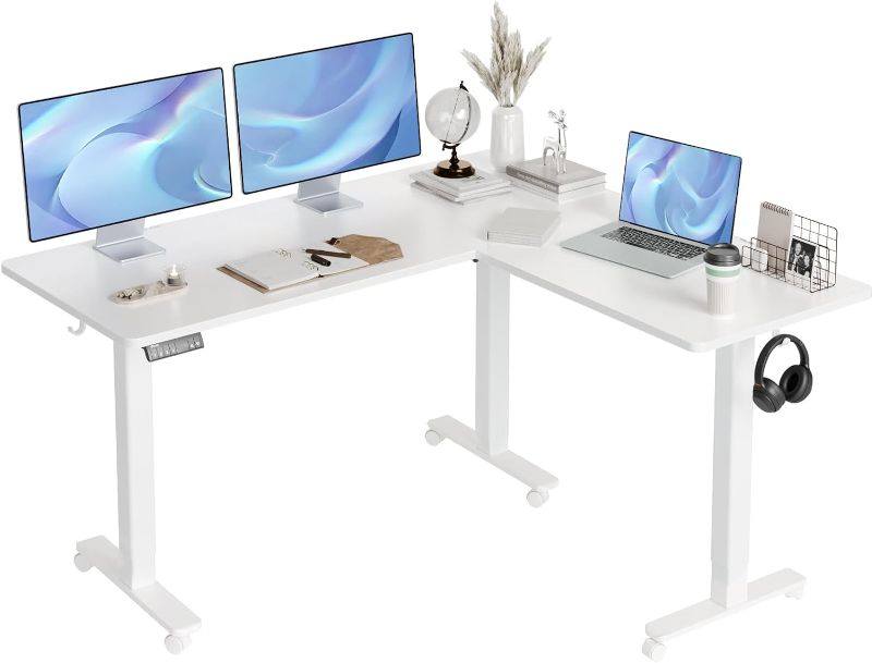 Photo 1 of L Shaped Standing Desk Adjustable Height, Dual Motor Electric Corner Standing Desk, 63x55 inch Sit Stand up Desk with Splice Board, White
