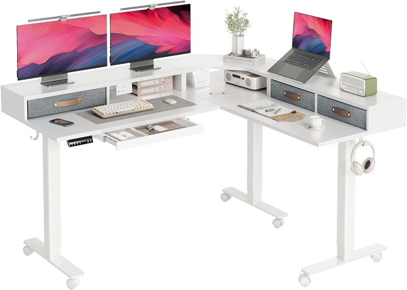 Photo 1 of Triple Motor 63" L Shaped Standing Desk with Drawers, Electric Standing Desk Adjustable Height, Corner Stand up Desk with Splice Board, White Frame/White Top
