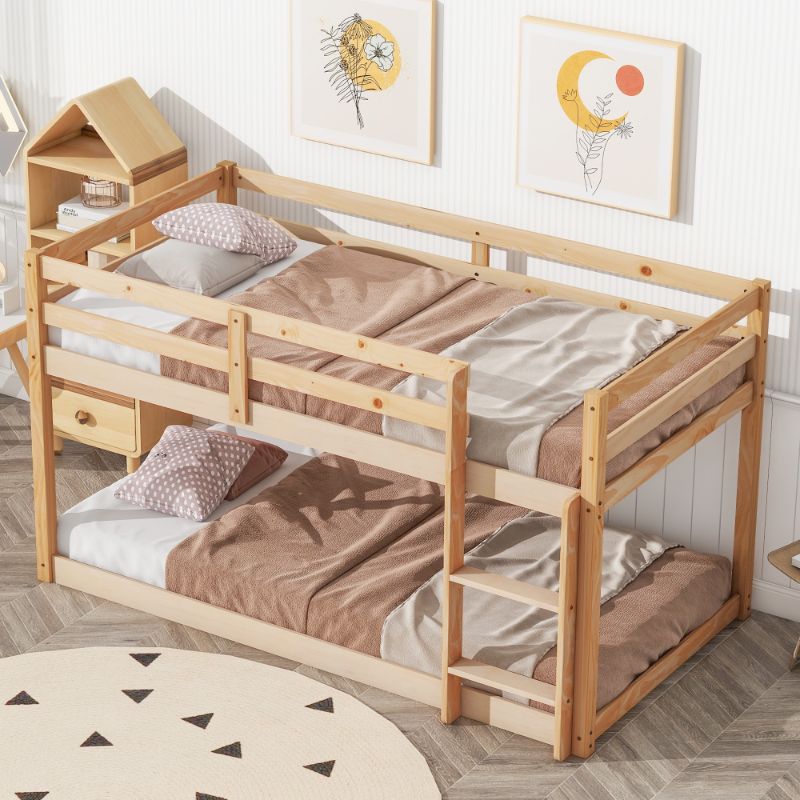 Photo 1 of uhomepro Solid Wood Low Bunk Bed for Kids, Twin Over Twin Floor Bunk Bed with Safety Rail, Ladder, Heavy Duty Bunk Beds Mattress Foundation for Boys Girls, Space-Saving Bedroom Dorm Furniture