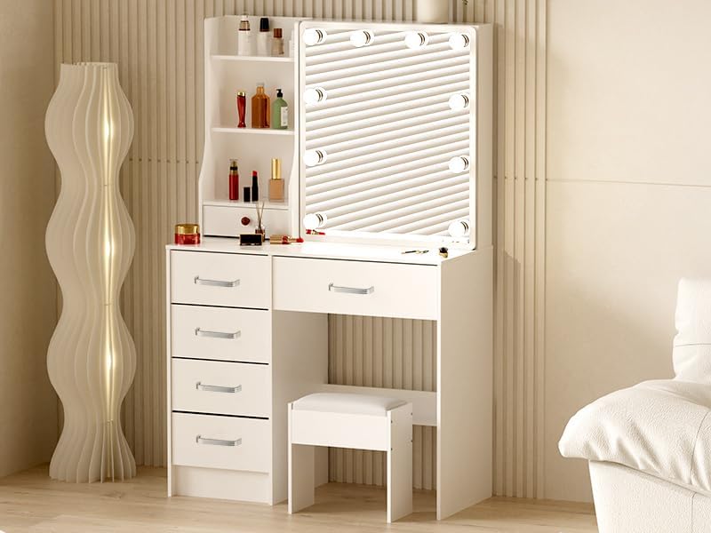 Photo 1 of Vanity Desk with Mirror and LED Light, Dressing Table with 5 Large Drawers and 2 Storage Shelves, Vanity Set with Stool and Sliding Mirror, White
