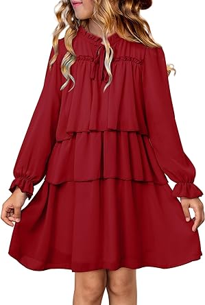 Photo 1 of blibean Tween Girls Long Sleeve Elegant Tiered Dress 
Size XL 10-11 Y OLD RED   
