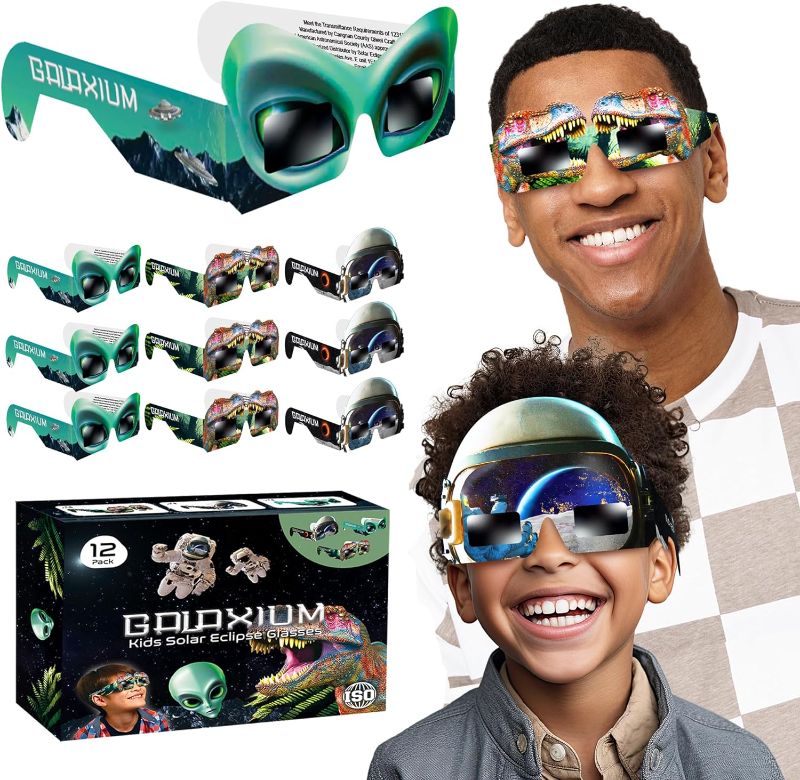 Photo 1 of Solar Eclipse Glasses Kids 2024 [12 Pack] Mix Alien & Astronaut & Dinosaur Design - AAS Approved - ISO 12312-2 & CE Certfied - Boys Solar Eclipse Viewing Glasses
