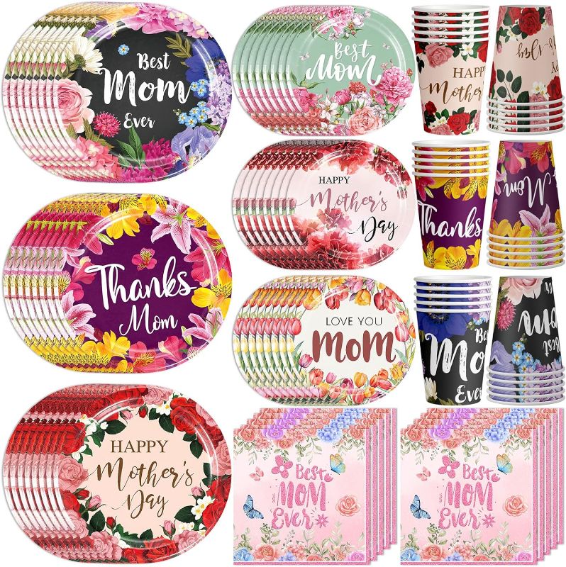 Photo 1 of Happy Mother's Day Party Supplies,120Pcs Mother's Day Paper Plate and Napkins Set Includes 60Plates,30Napkins and 30Cups Mother's Day Party Decorations for Party, Serves 30
