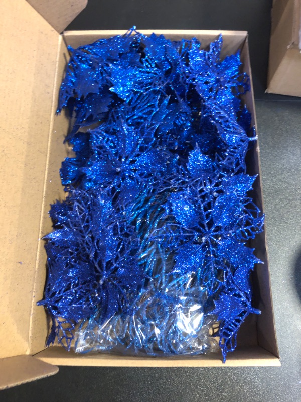 Photo 1 of Yinder 48 Pcs Glitter Christmas Tree Filler Decorations Set 24 Pcs 13.7'' Christmas Curly Spray Picks 24 Christmas Poinsettia Flowers Artificial Twigs for Xmas Party Wreath Table Centerpiece (Blue)