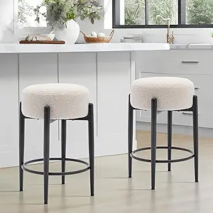 Photo 1 of COLAMY Modern Bar Stools Set of 2, 24" Sherpa Counter Height Stools with Round Soft Padded Boucle Backless Seat and Metal Mid-Century Base, Cream
