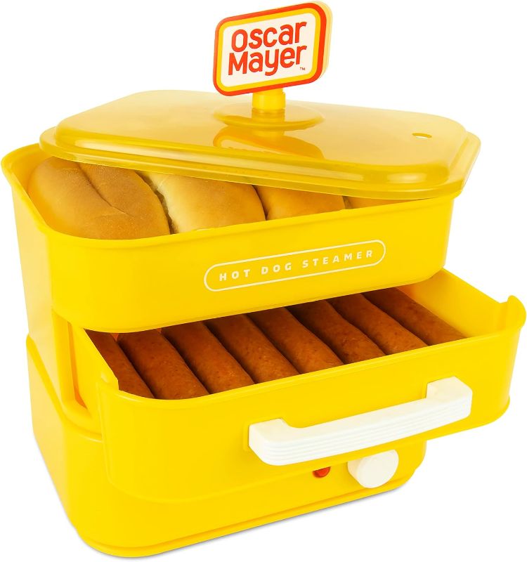 Photo 1 of Nostalgia Oscar Mayer Diner-Style Hot Dog Steamer and Bun Warmer, 8 Hot Dog and 4 Bun Capacity, Steam Bratwursts, Sausages, Vegetables, Fish, Dumplings, Yellow
