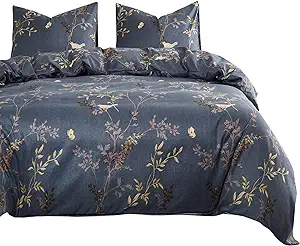 Photo 1 of Wake In Cloud - Floral Comforter Set, Birds Flowers Leaves and Branches Pattern Printed for Men Women, Soft Lightweight Bedding, 3 Pieces, Dark Gray, California King Size
